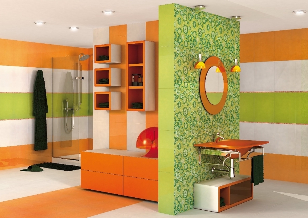 оранжево-зеленая ванная комната
